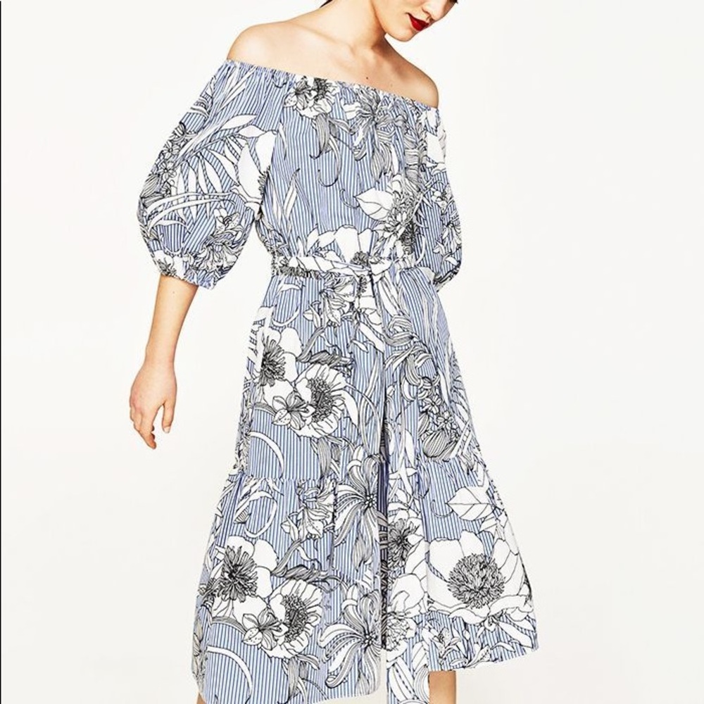 Zara 100% cotton puff sleeve tie waist floral midi dress